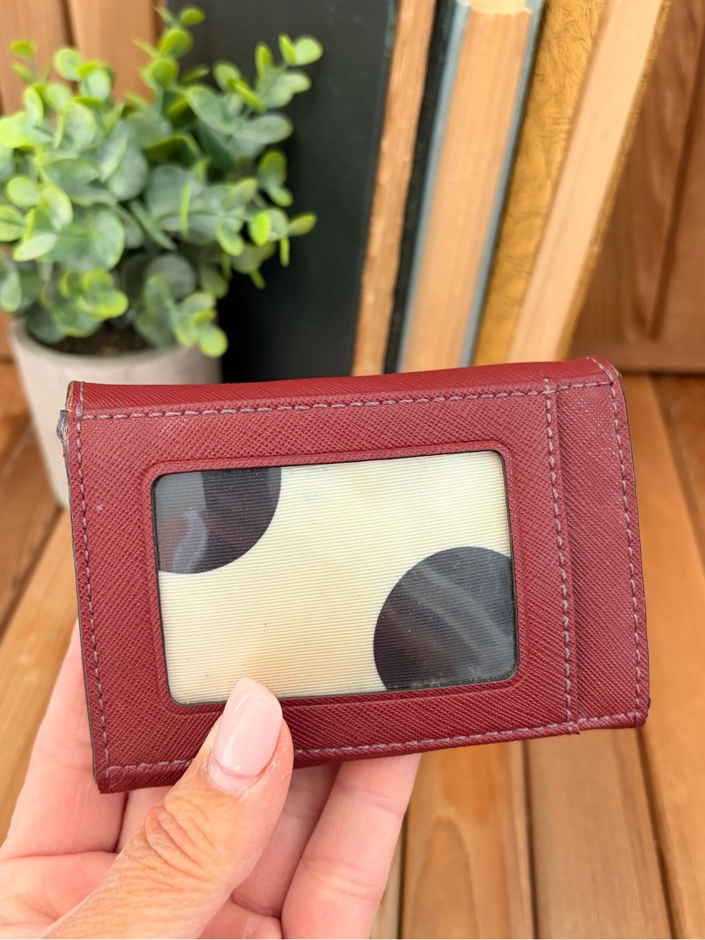 Kate Spade, Dark Cherry Red Saffiano Leather Key Card Wallet, Polka Dot Interior - Picture 5 of 8